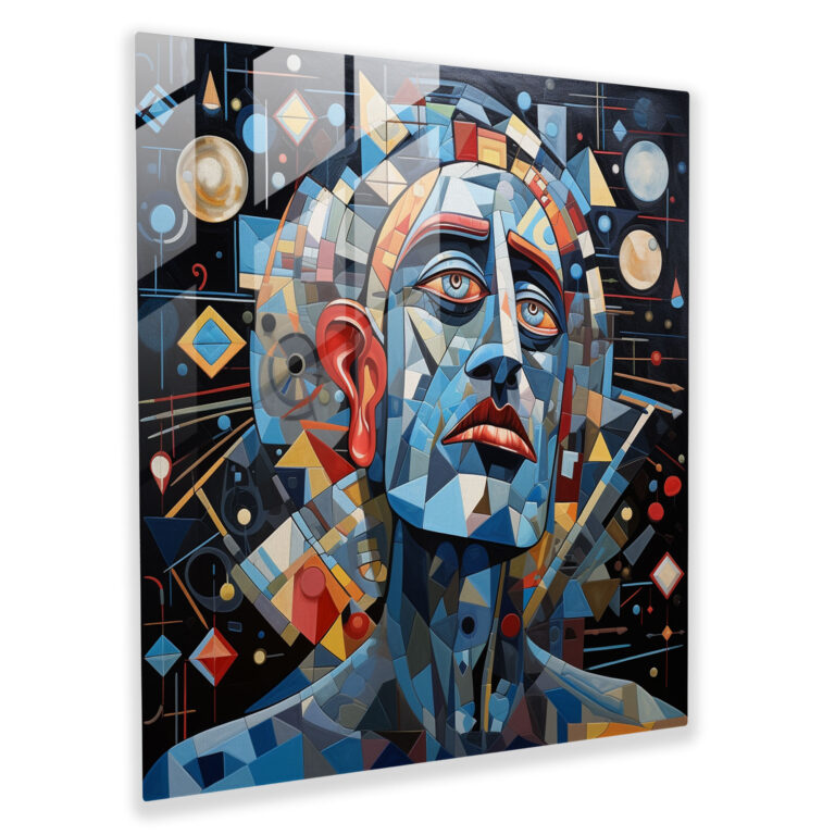 Kosmische Geometrien Kubistisches Glasbild - Gott mit Mosaikmustern - Glaswandkunst für die Wohnraumdekoration