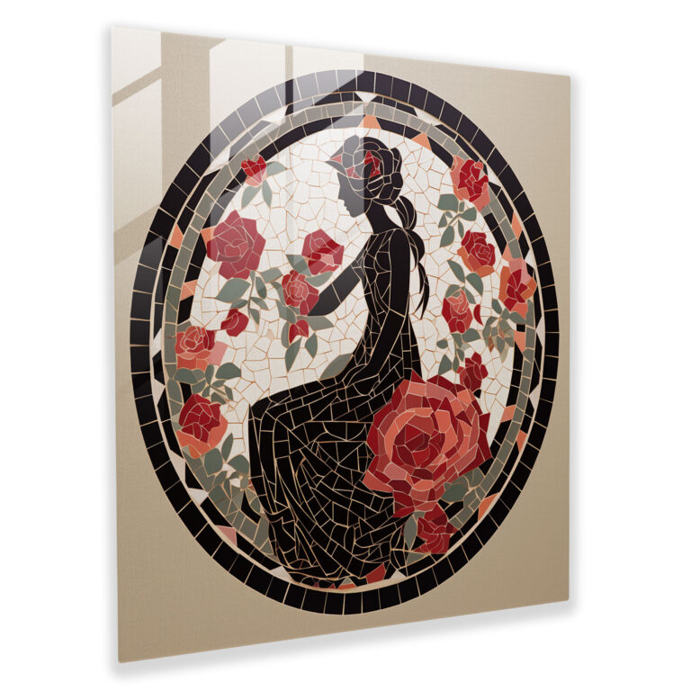 Glasbild der Aphrodite mit floralen Mosaik-Elementen in minimalistischem Stil