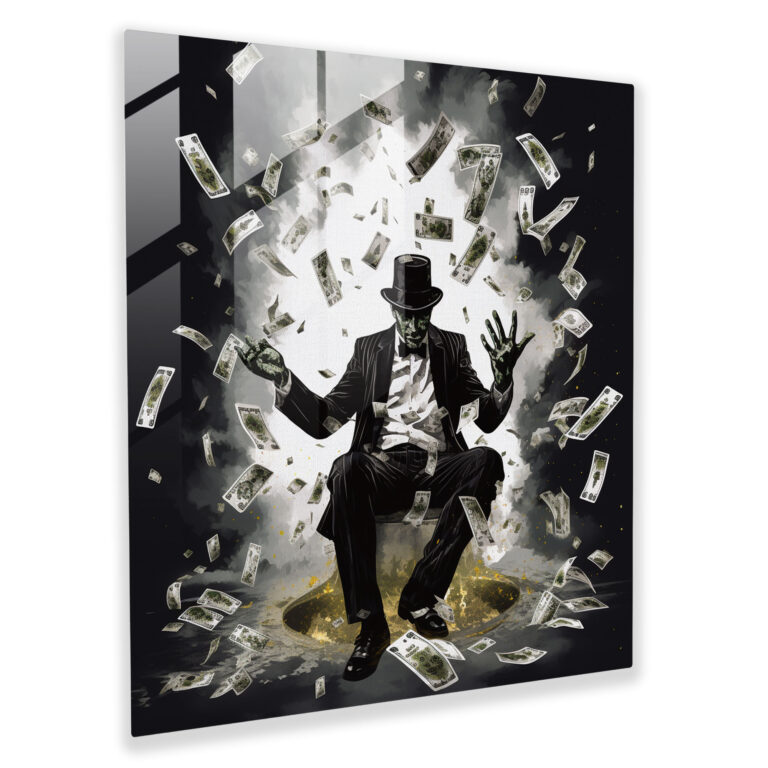 Elegantes Glasbild einer surrealen Gangster-Silhouette mit schwebenden Dollar-Scheinen und Spielkarten - Einzigartige Wohnkultur und Wanddeko