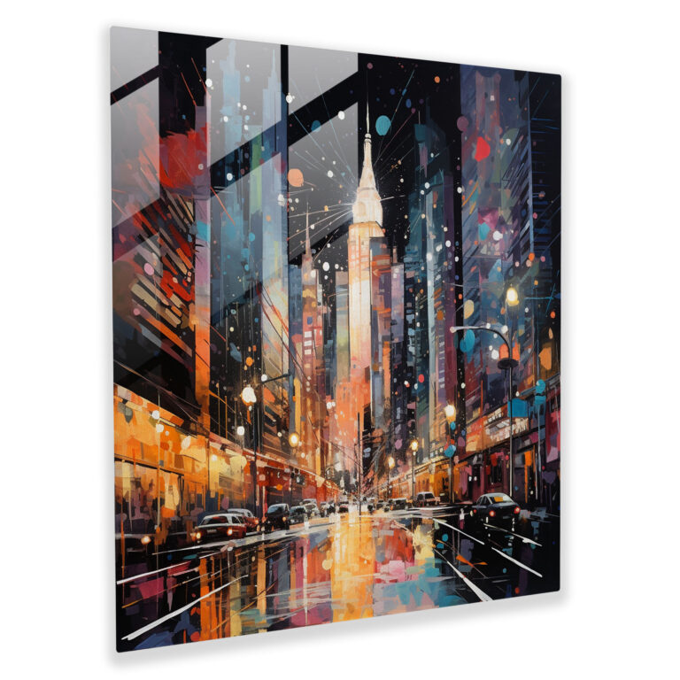 Faszinierendes Stadtpanorama Glasbild - Glitzer Wohn-Deko Lebendige Farben Moderne Kunst