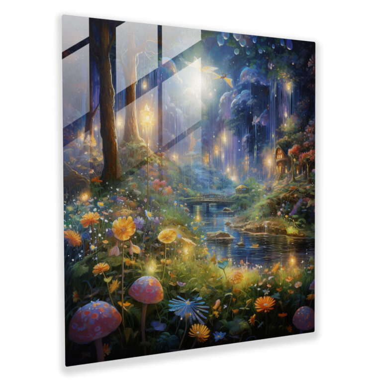 Glasbild Feengarten mit schillerndem Glanz - Fantasie Zuhause dekorieren Feengarten
