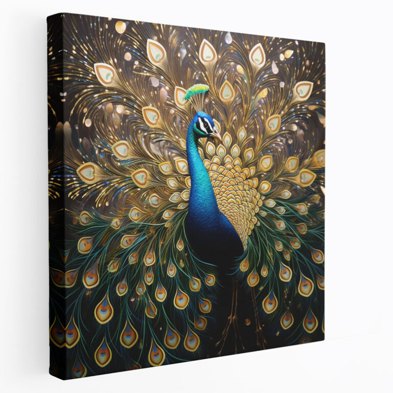 Funkelnde Leinwandwanddekoration - Majestätischer Pfau - Glitzer Natur Leinwandbild Eleganz