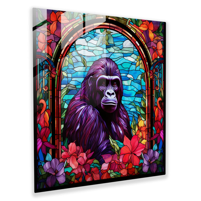 Buntes Gorilla Glasbild - Wanddekoration aus Glas - Stained Glass Kunstwerk
