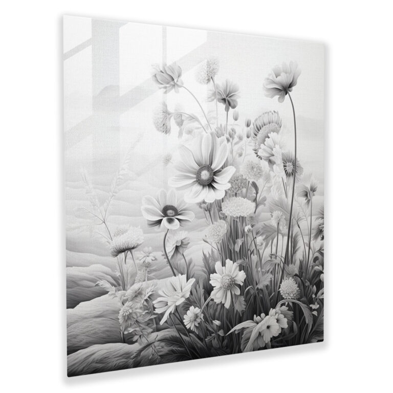 Glasbild mit grauen Wildblumen - Graues Glaswandkunstwerk Glasbild natürliche Schönheit