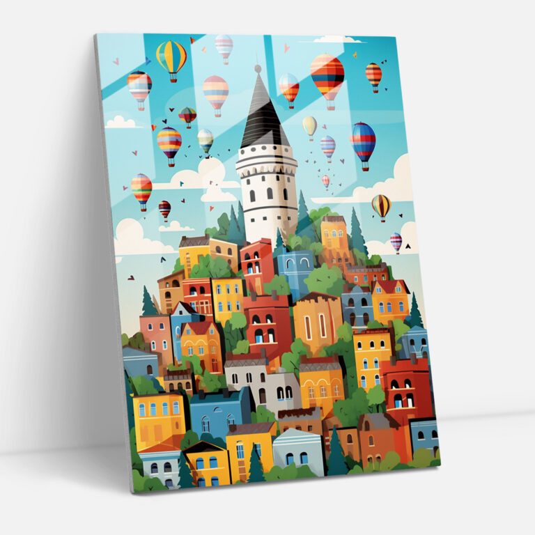 Galata Tower Dekoration für Zuhause - Leinwandbild mit Galata Tower Heißluftballons und verspieltem Design
