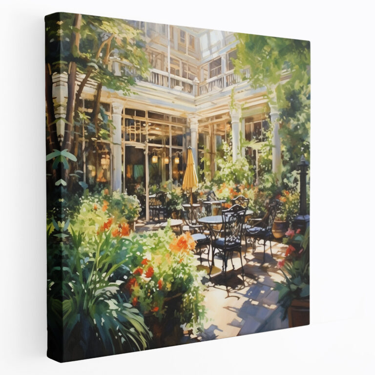 Leinwandbild Sonniger Hotelgarten - Hotel Wandkunst Wanddekoration Leinwandbild