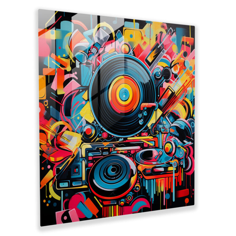 Glasbild Urban Spectrum - Lebendiges Graffiti DJ Glas Wandkunst - Moderne Wohnkultur