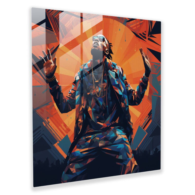 Glasbild mit abstrakter Geometrie - Dynamische Rapper-Performance als Glaswandkunst - Moderne Wohnkultur