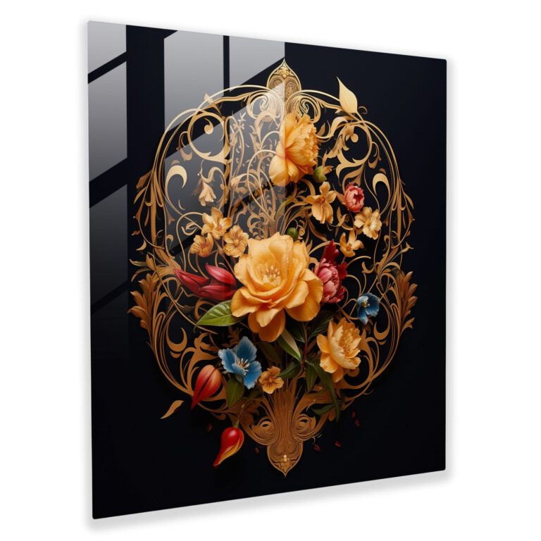 Goldene Quranische Blüten Glasbild - Heiliger Quran Goldene Kalligrafie Zuhause Dekoration