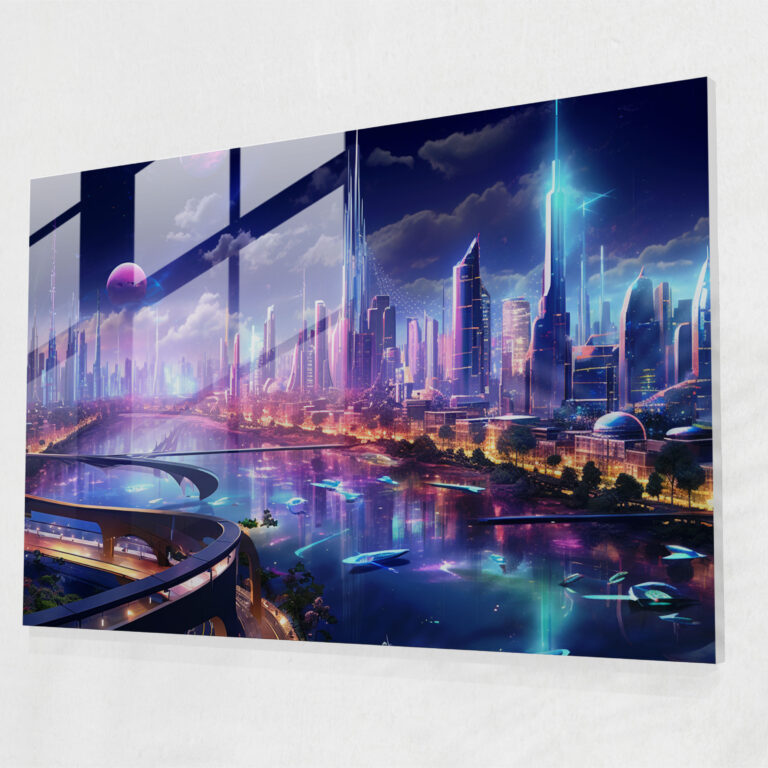 Glasbild Suburban Futurism - Harlem Technologisch fortschrittliche Vorstadt-Metropole Zukunftsweisendes Stadtbild Glas Wandkunst