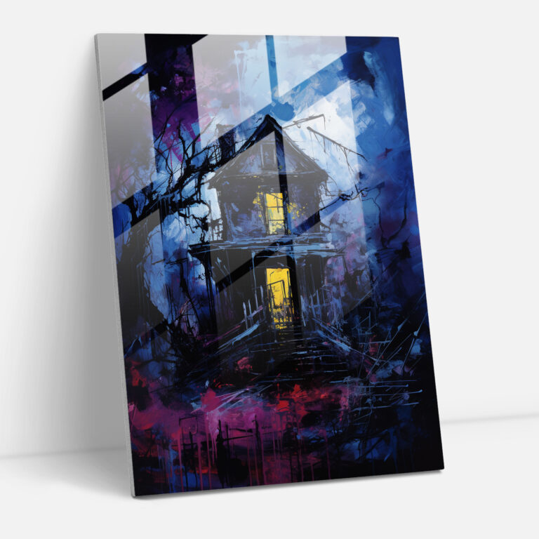 Glasbild mit Horror-Druck - Dunkles abstraktes Spukhaus - Horror Wohndekoration Glaswandkunst
