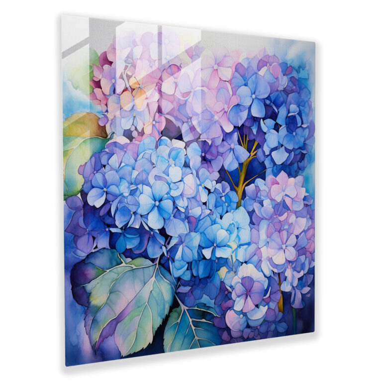 Hydrangea Aquarell Glasbild - Hortensie Wanddekoration Glasbild Aquarellmalerei