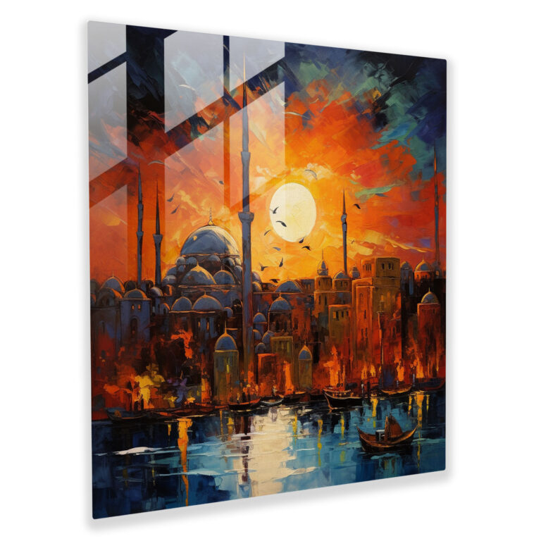 Lebendiges Stadtpanorama Glasbild - Abstraktes Acrylglas Wandkunstwerk für die Wohnraumgestaltung