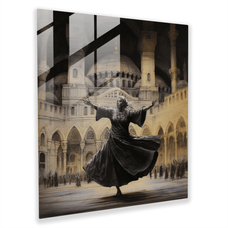 Glasbild des sich drehenden Derwischs - Realistische Kohleskizze Glaswandkunst zur Heimdekoration