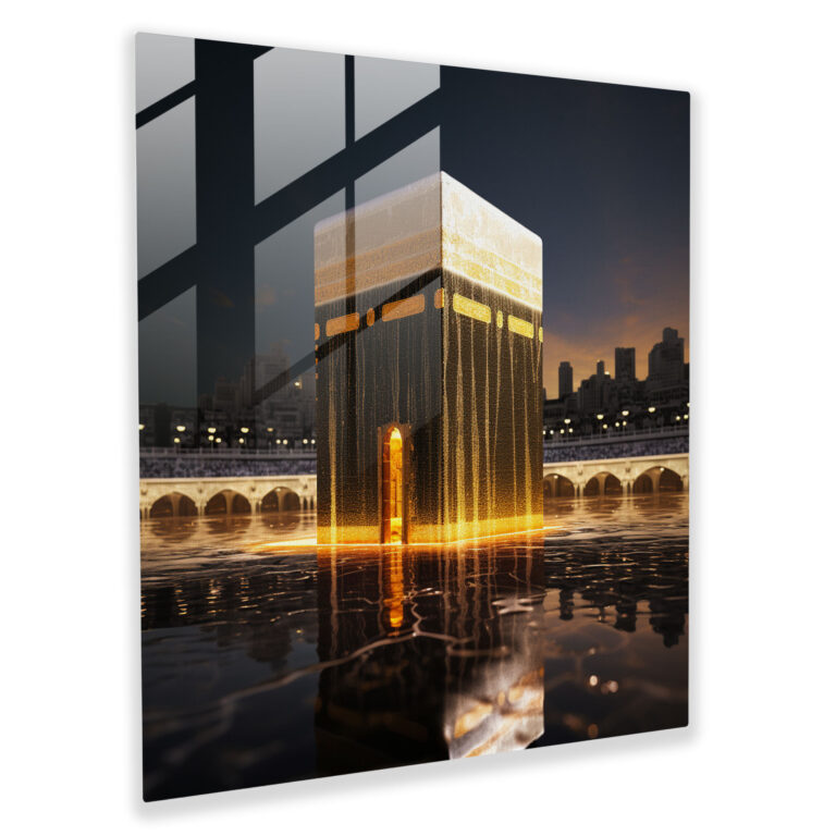 Glasbild mit minimalistischem Design - Kaaba mit goldenem Glanz - Spiritualität islamische Kunst