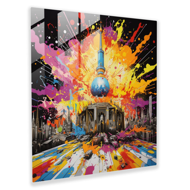 Glasbild in Pop-Art-Stil - Kaaba - Heimdekoration lebendige Darstellung Pop-Art-Explosion