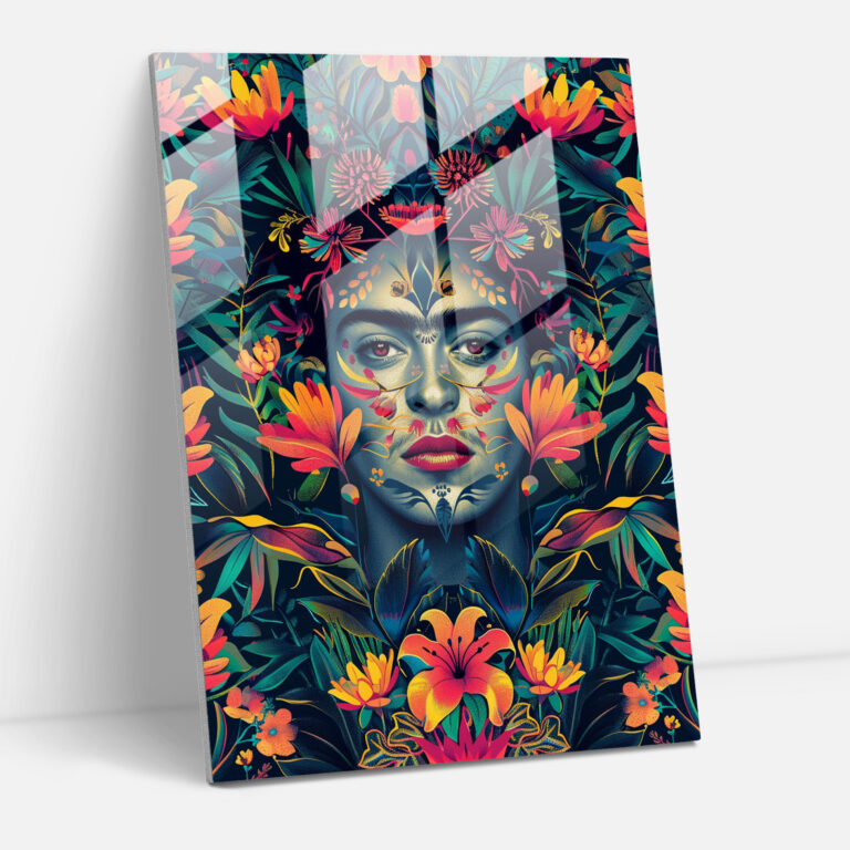 Glasbild im Stil von Frida Kahlo - Frida Kahlo Kunstwerke Wanddekoration florale Muster
