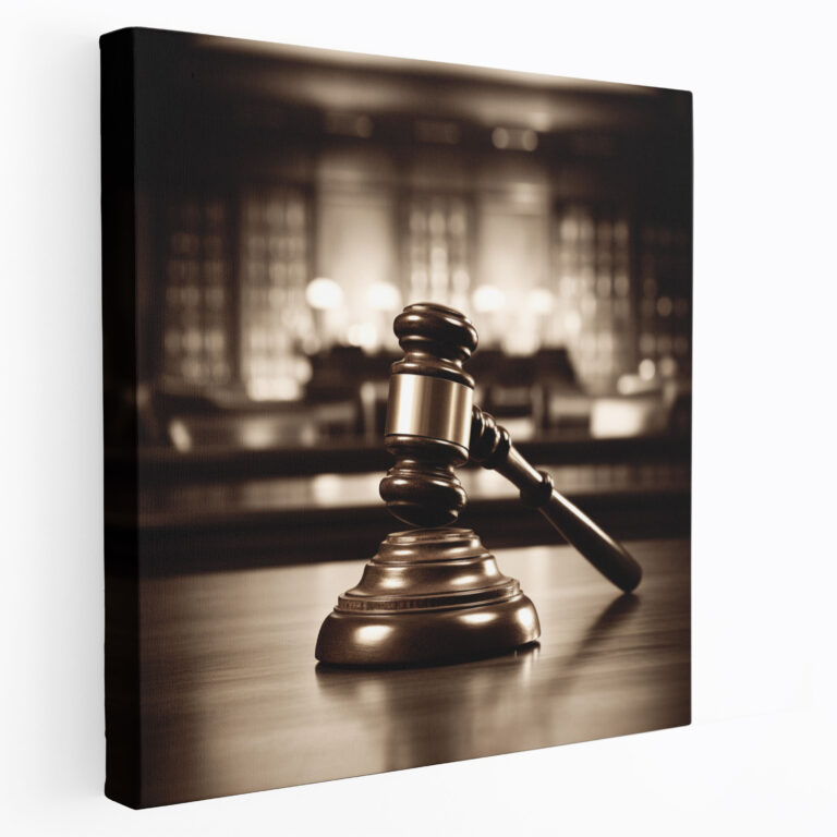 Leinwandbild: Vintage Richterhammer auf Holzschreibtisch - Recht Wandkunst Holzschreibtisch