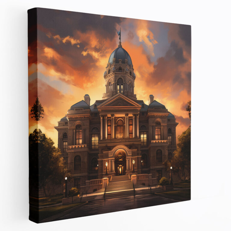 Leinwandbild Gerichtsgebäude im Sonnenuntergang - Recht Leinwand Wandkunst Gerichtsgebäude digitale Kunstwerk