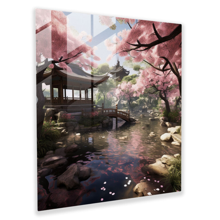 Linsenglasbild - Ruhe der japanischen Gärten - Modernes Kunstwerk mit Kirschblütenbäumen