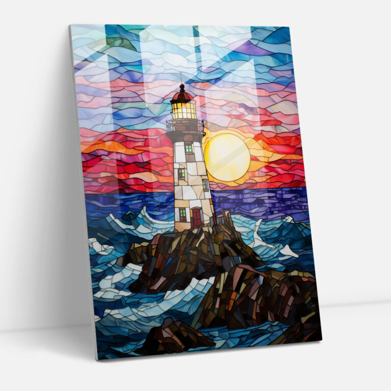 Glasbild Leuchtturm Wanddeko - Leuchtturm lebendige Glasfarben elegante Wanddekoration Leuchtturm Glasbild