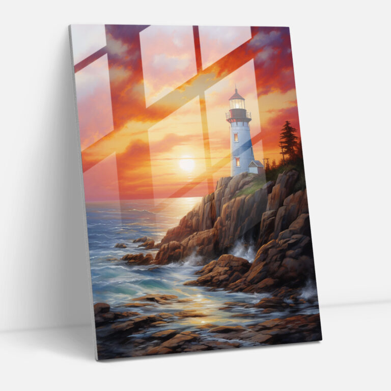 Leuchtturm Ölgemälde - Majestätischer Sonnenuntergang - Leuchtturm Ölgemälde Felsige Küstenlinie Leuchtturm Glasbild