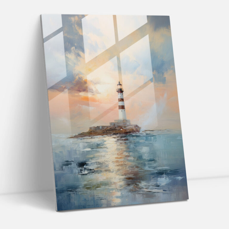 Glasbild Leuchtturm im impressionistischen Stil - Leuchtturm Glas Kunst impressionistisches Gemälde sanftes Farbschema