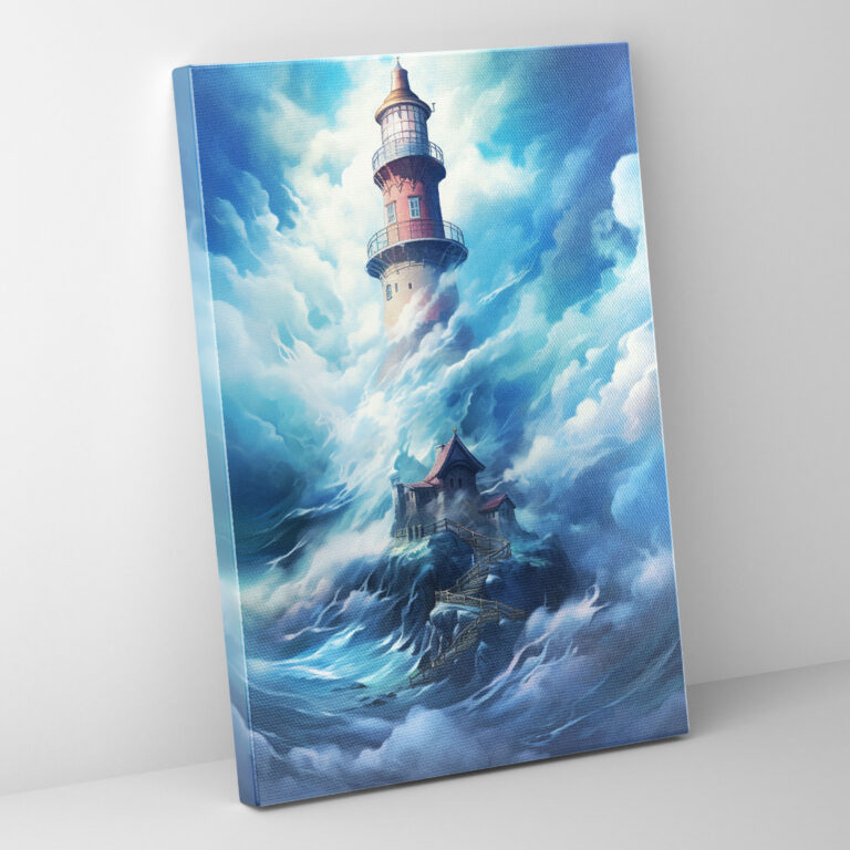 Surreales Leuchtturm-Wandkunstwerk - Leuchtturm Wandkunst Schwebend zwischen den Wolken Wohnungsdekoration