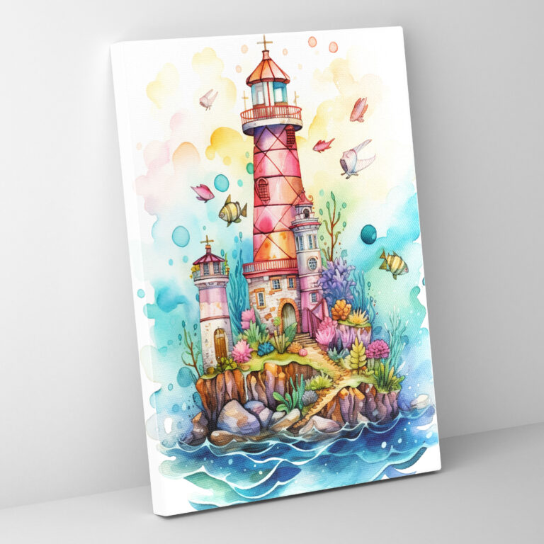 Verspieltes Leuchtturm Leinwandbild - Leuchtturm verspieltes märchenhaftes Aquarellgemälde Leinwandbild