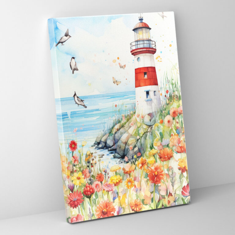 Lighthouse Wandkunst - Leuchtturm Lebendige Blumen Wandkunst Verspieltes Aquarellgemälde
