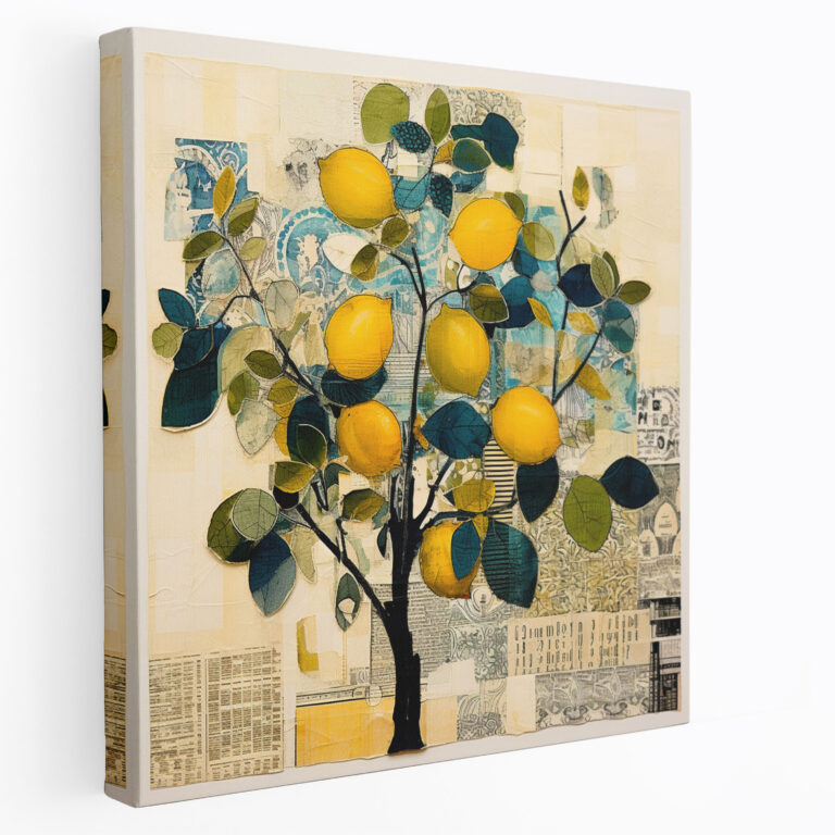 Lemon Tree Leinwandbild - Mixed Media Collage Wandkunst - Zitronenbaum Wandkunst Wohnkultur Texturen