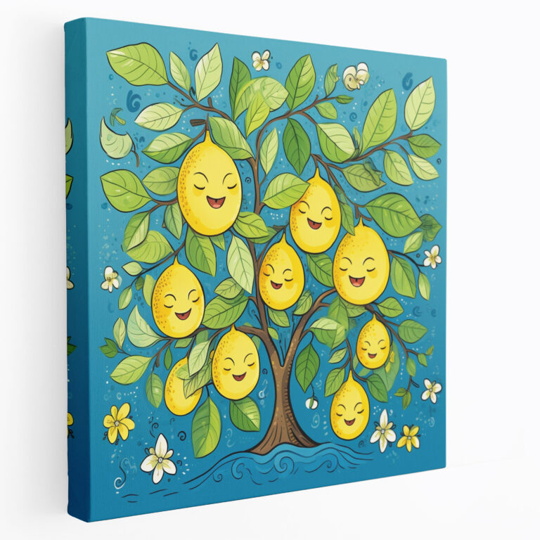 Fröhliche Zitronenbaum Wanddekoration - Zitronenbaum fröhliche Stimmung verspielte Cartoon-Illustration Leinwandbild