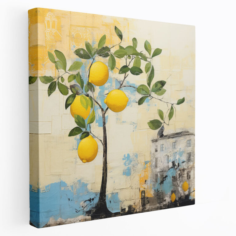 Lemon Tree Wandkunst - Modernes Mixed-Media-Leinwandbild - Zitronenbaum Dekoration für Zuhause Leinwand-Wandkunst Collage-Elemente