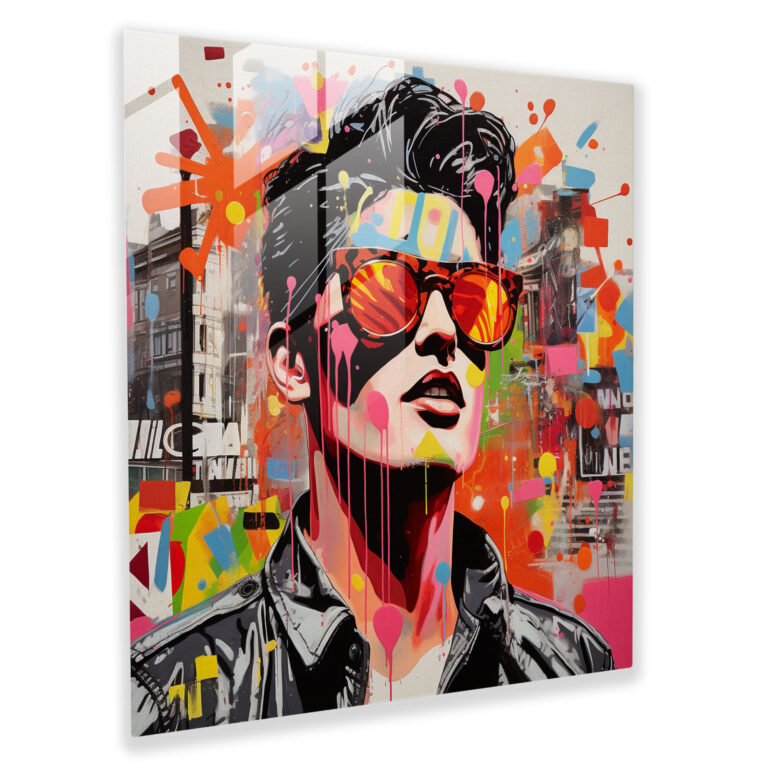 Lebhaftes Glasbild einer Pop-Art-Explosion das die Londoner Straßenkultur feiert.