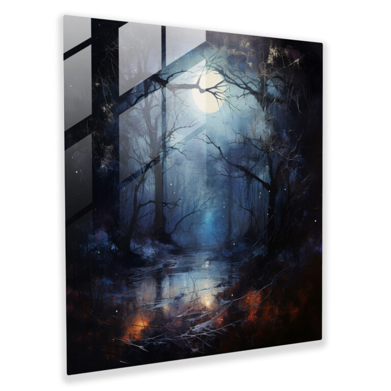 Mitternachtsgeheimnis Glasbild - Zuhause Dekoration von Mondschein erleuchteter Wald
