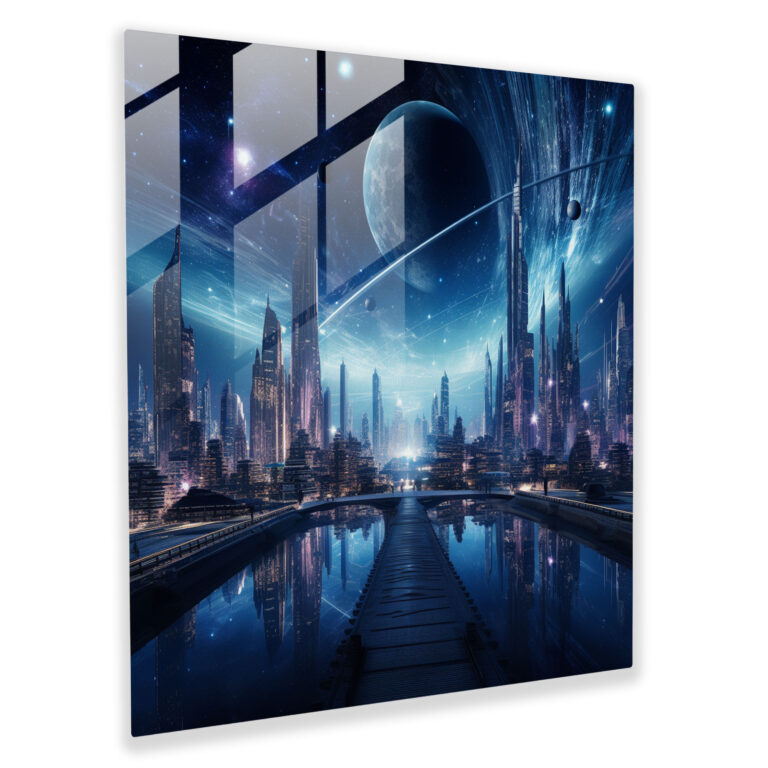 Futuristisches Glasbild Mitternacht - Sternenhimmel Wanddekoration Stadtsilhouette