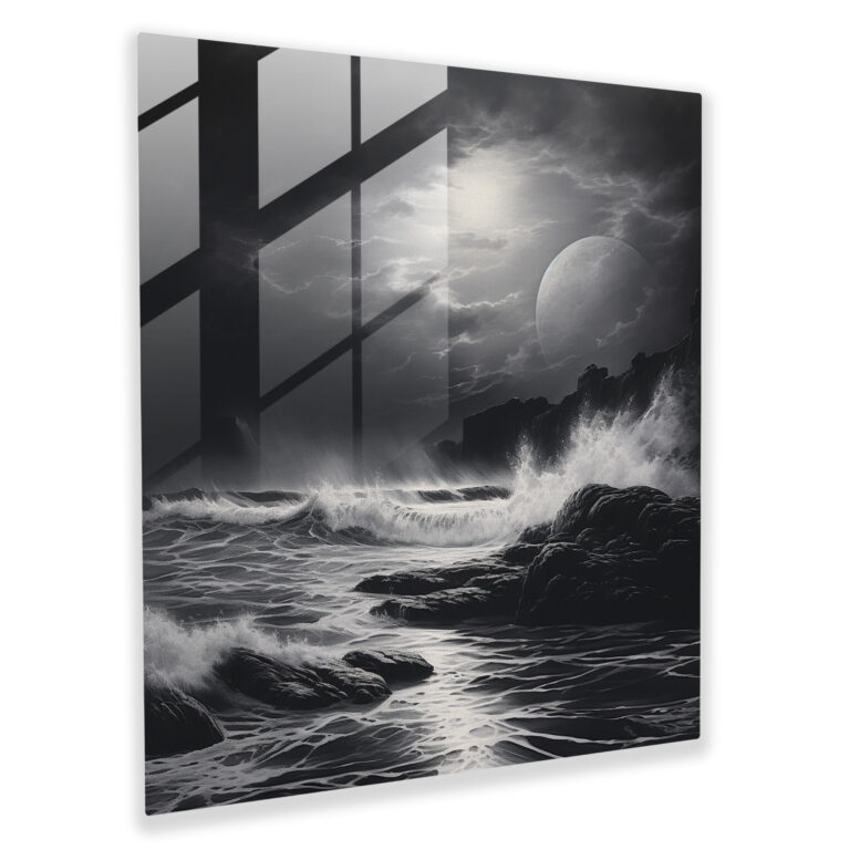 Glasbild Mitternachtmonochrom - Mitternacht Wohndekoration Wanddekoration Brechende Wellen