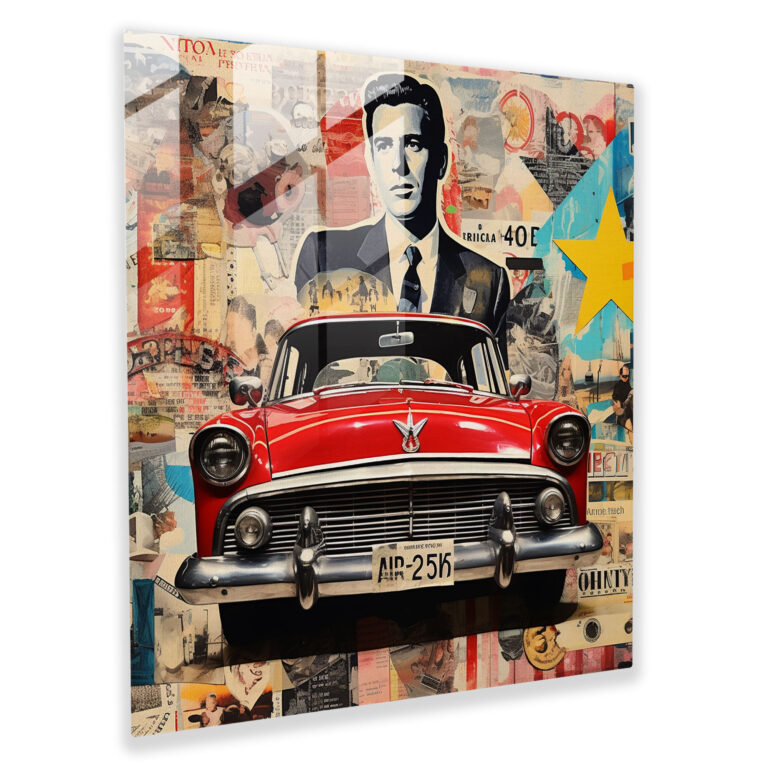 Lebhaftes Pop-Art-Glasbild eines Vintage-Autos umgeben von mafia-bezogenen Symbolen
