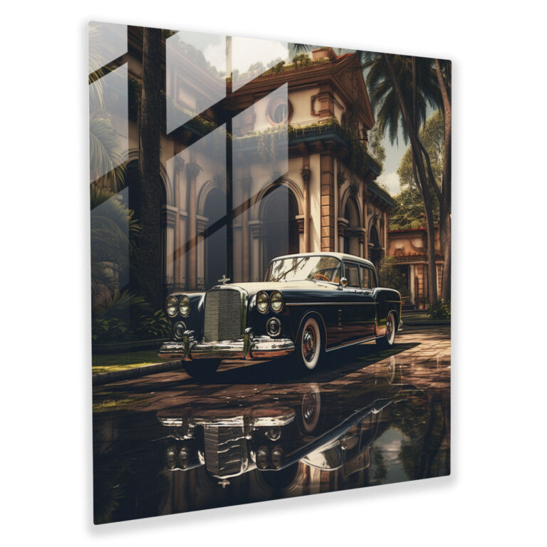 Faszinierendes fotorealistisches Glasbild eines Vintage-Mafia-Autos vor prächtiger Villa geparkt