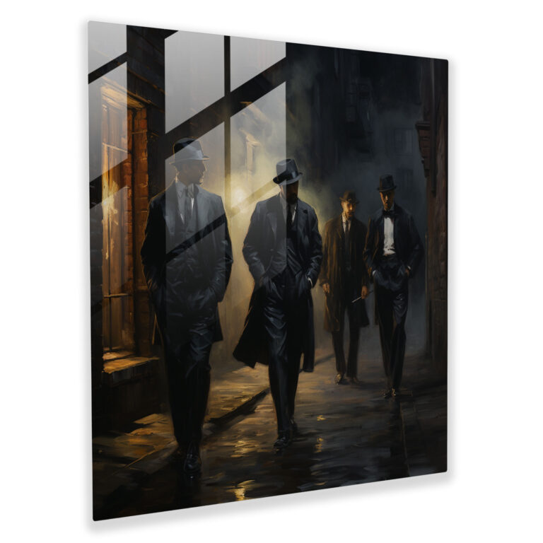 Strahlende Eindrücke - Glasbild von Gangstern in der Gasse - Modernes Kunstwerk von Mafiosi und Verbrechern - Wohnkultur Wanddekoration Glas Wandkunst Glasbilder
