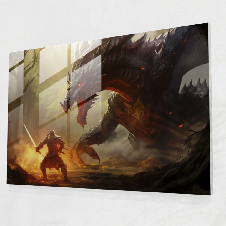 Mittelalterliches Glaswandbild - Ritter gegen Drache - Mittelalter Glasbild Wohnkultur