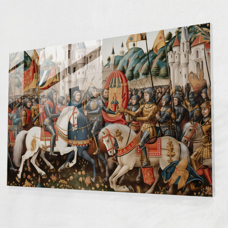 Glasbild Ritterturnier Mittelalter Glasskunst Begeisterte Zuschauer Spannung