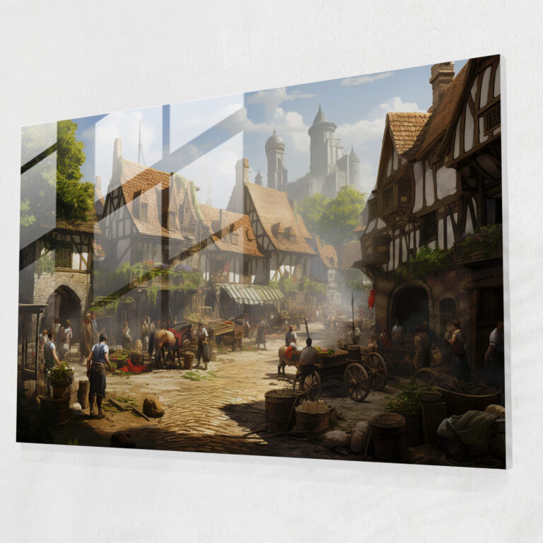 Glasbild mittelalterliches Dorf Wanddekoration - mittelalterlich Dorfbewohner Wanddekoration Marktplatz