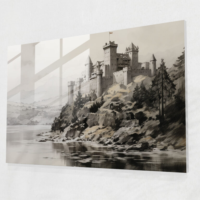 Glasbild Mittelalterliche Burg - Mittelalter Burgskizze Festung Gelassenheit