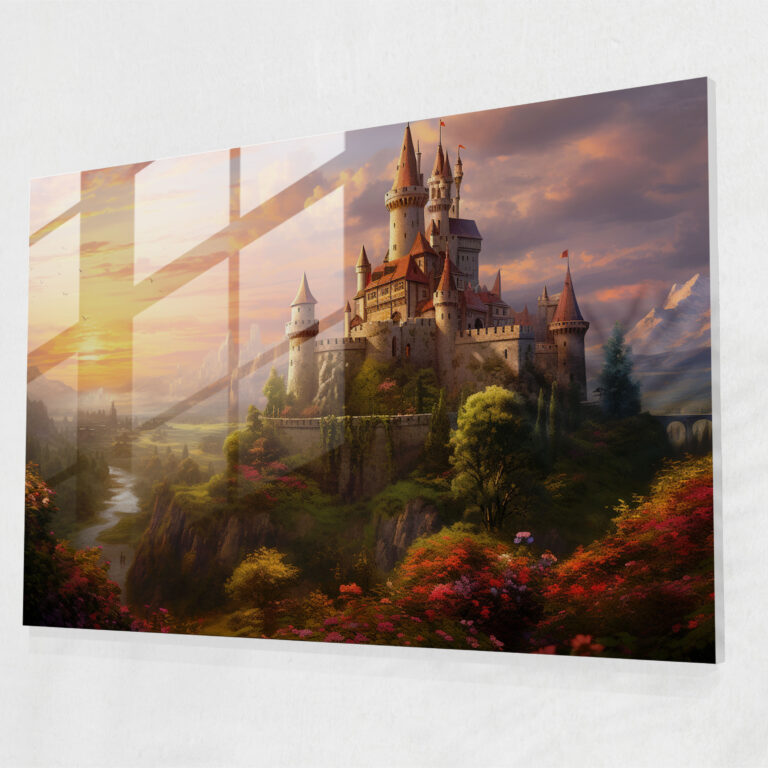 Glasbild Mittelalterliche Burg - Mittelalter üppige Landschaften Glasbild Sonnenuntergangshimmel