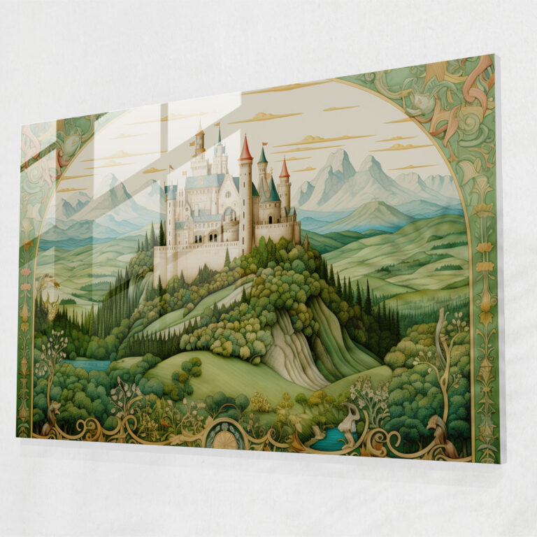 Mittelalterliche Glaswandkunst: Burg und grüne Felder - Mittelalter Moderne Kunst Elegante Kalligrafie Glasbild