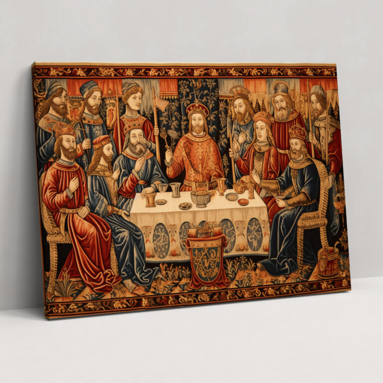 Mittelalterliches Wandteppich-Kunstwerk - Königliches Bankett Königinnen Feine Details