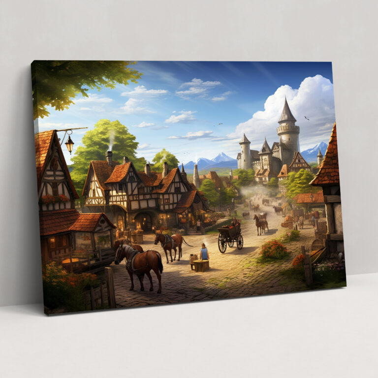 Leinwandbild Mittelalterliches Dorf - Mittelalter Wanddekoration Leinwand