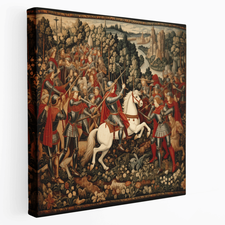 Mittelalterliches Schlachtgemälde im Stil einer Tapisserie auf Leinwand