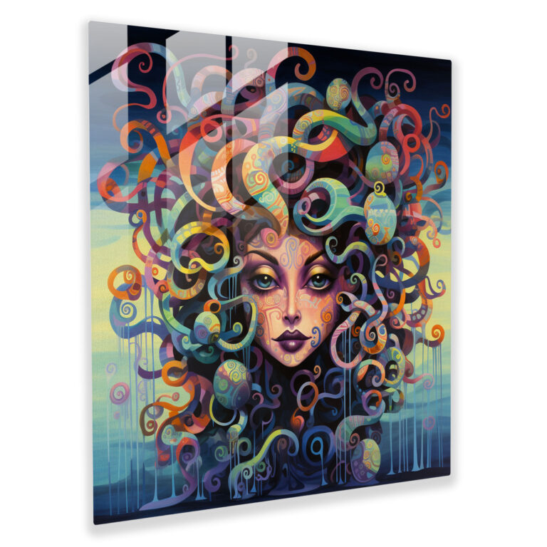 Spielhaftes Medusa Glasbild - Medusa verspielter Charme bunter Hintergrund Glasbild.
